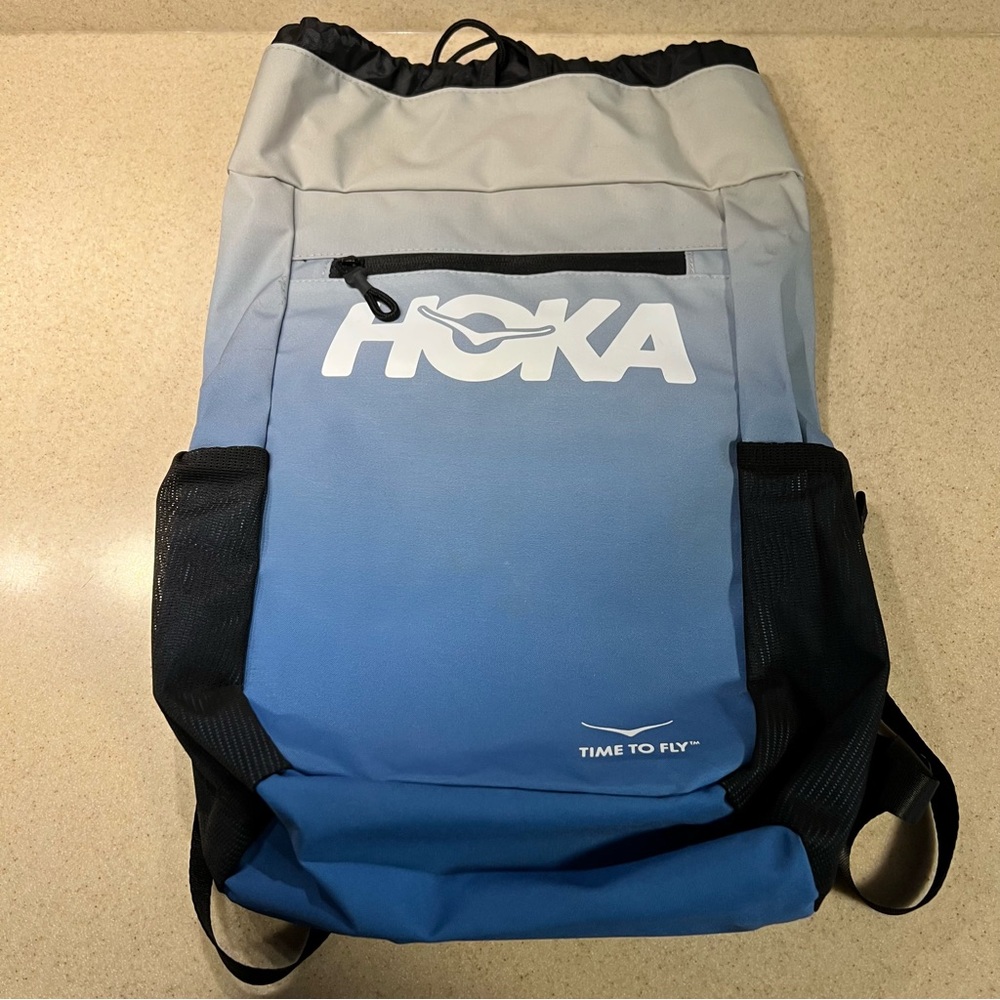 Hoka Vooray Cinch Backpack Blue White Gradient Gym Athletic Gear Water Resistant